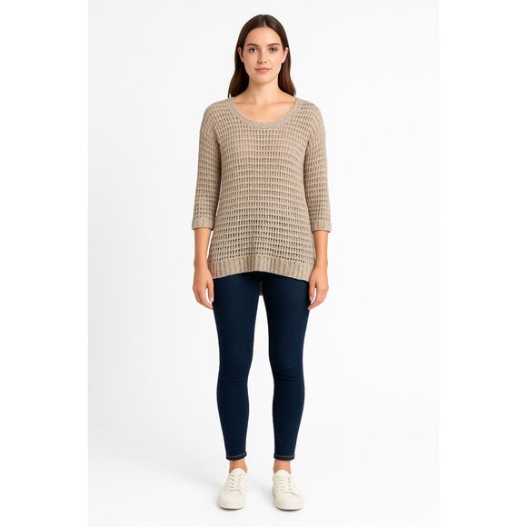 Lucky Brand Women's tan open knit linen blend elbow sleeve sweater Size S boho - Picture 1 of 9